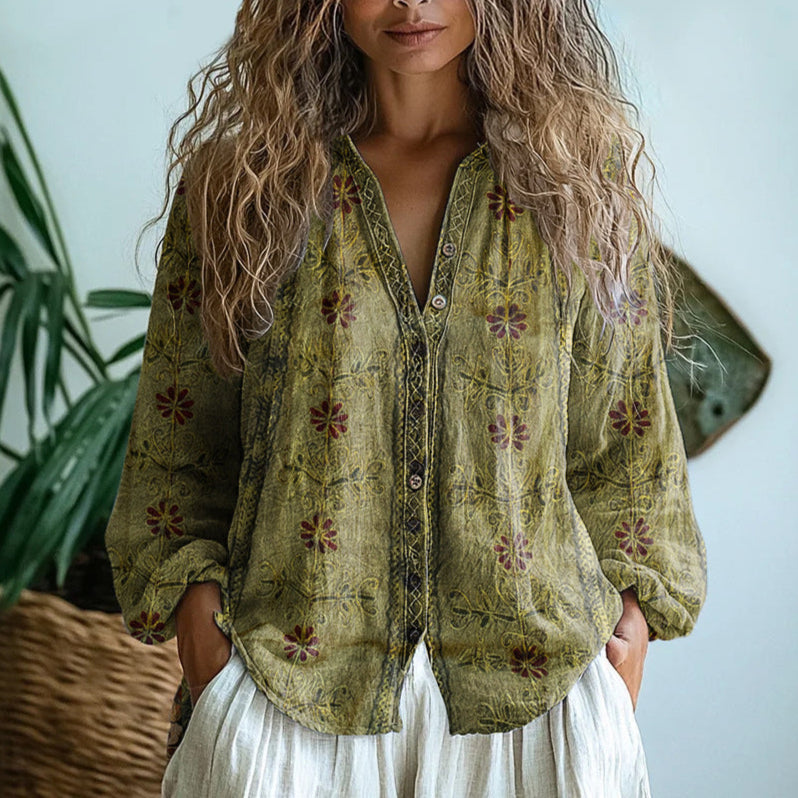 Women’s Embroidered V-Neck Blouse with Long Sleeves