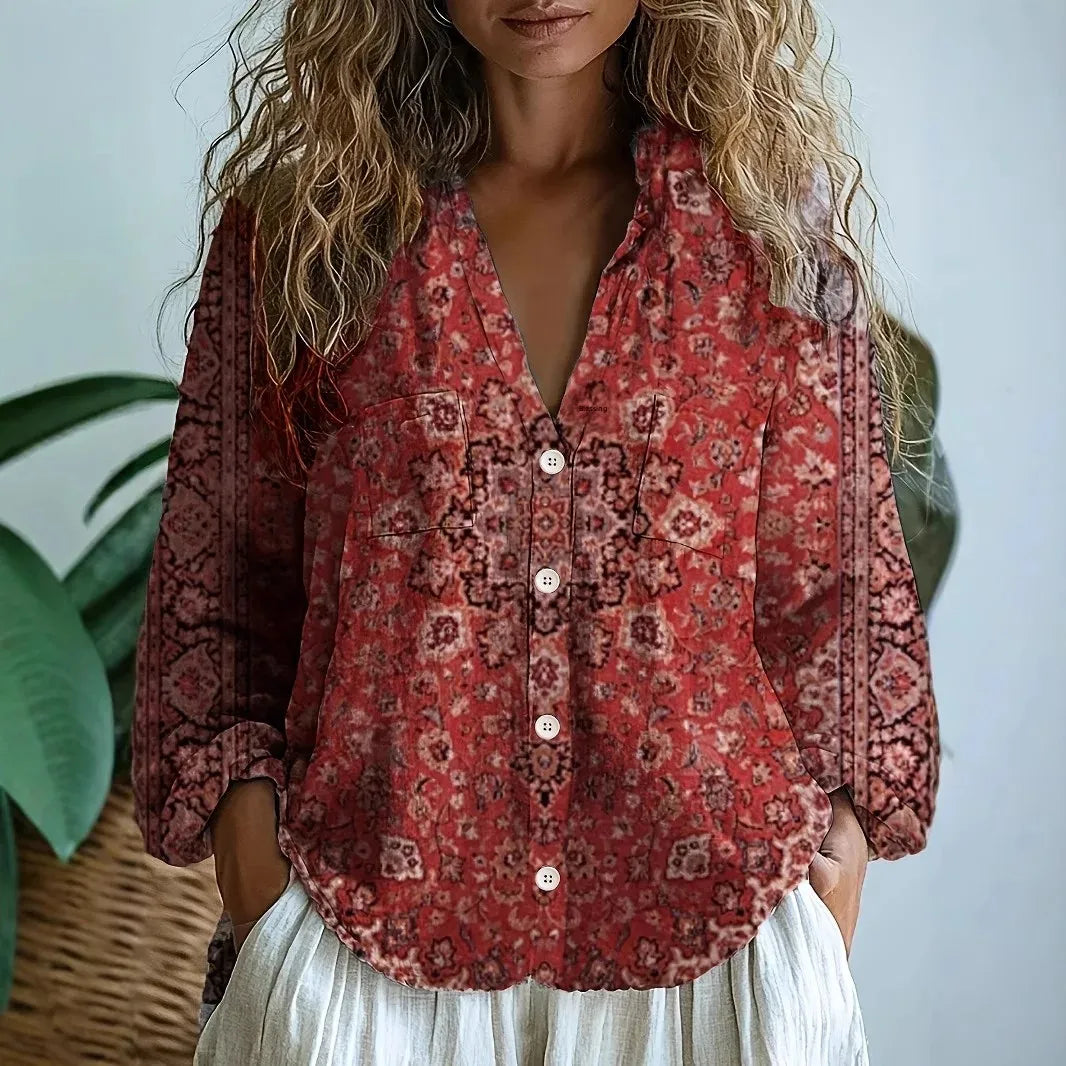 Women’s Embroidered V-Neck Blouse with Long Sleeves