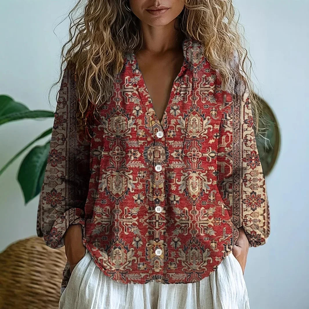 Women’s Embroidered V-Neck Blouse with Long Sleeves