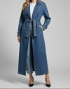 Long Womens Trench Coat with Belted Waist and Textured Surface