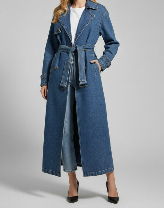 Long Womens Trench Coat with Belted Waist and Textured Surface