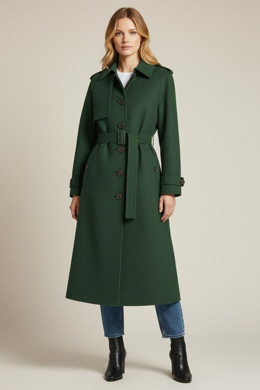 Long Womens Trench Coat with Belted Closure and Structured Fit