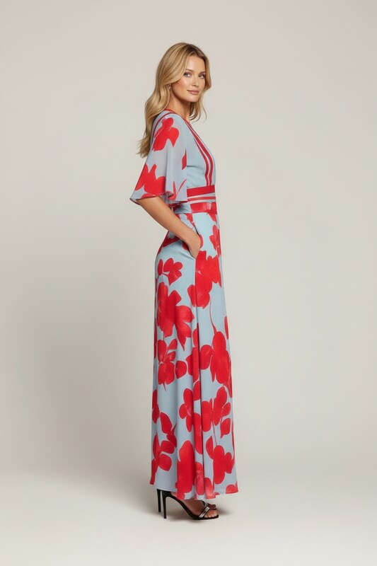 Blomster Midi Kjole med Feminin Silhuet og Flydende Pasform