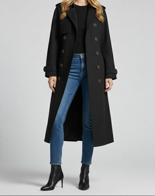 Long Womens Trench Coat with Belted Closure and Structured Fit