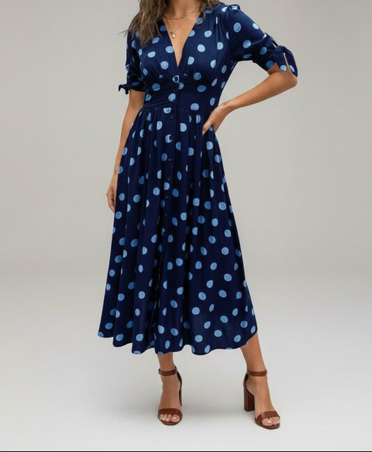 Printed Midi Dress with V Neckline and Button Front