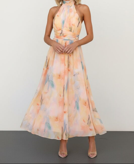 Halter Neck Maxi Dress with Open Back and Artistic Print