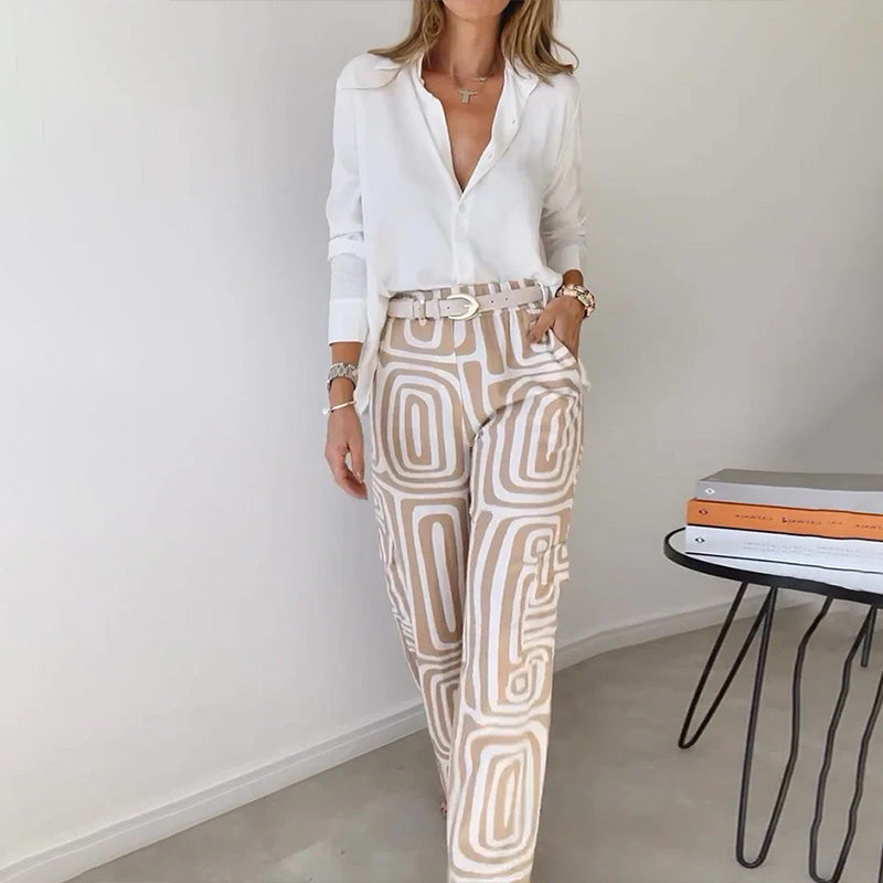 Women’s Elegant Two Piece Set with Flowing Shirt and Patterned Trousers