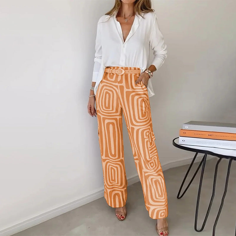 Women’s Elegant Two Piece Set with Flowing Shirt and Patterned Trousers