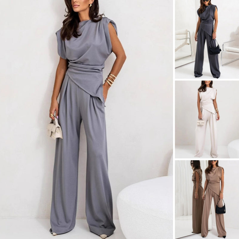 Women’s Elegant Co Ord Set with Draped Top and Wide-Leg Trousers