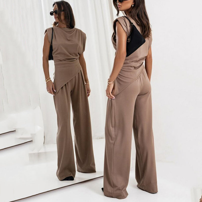 Women’s Elegant Co Ord Set with Draped Top and Wide-Leg Trousers