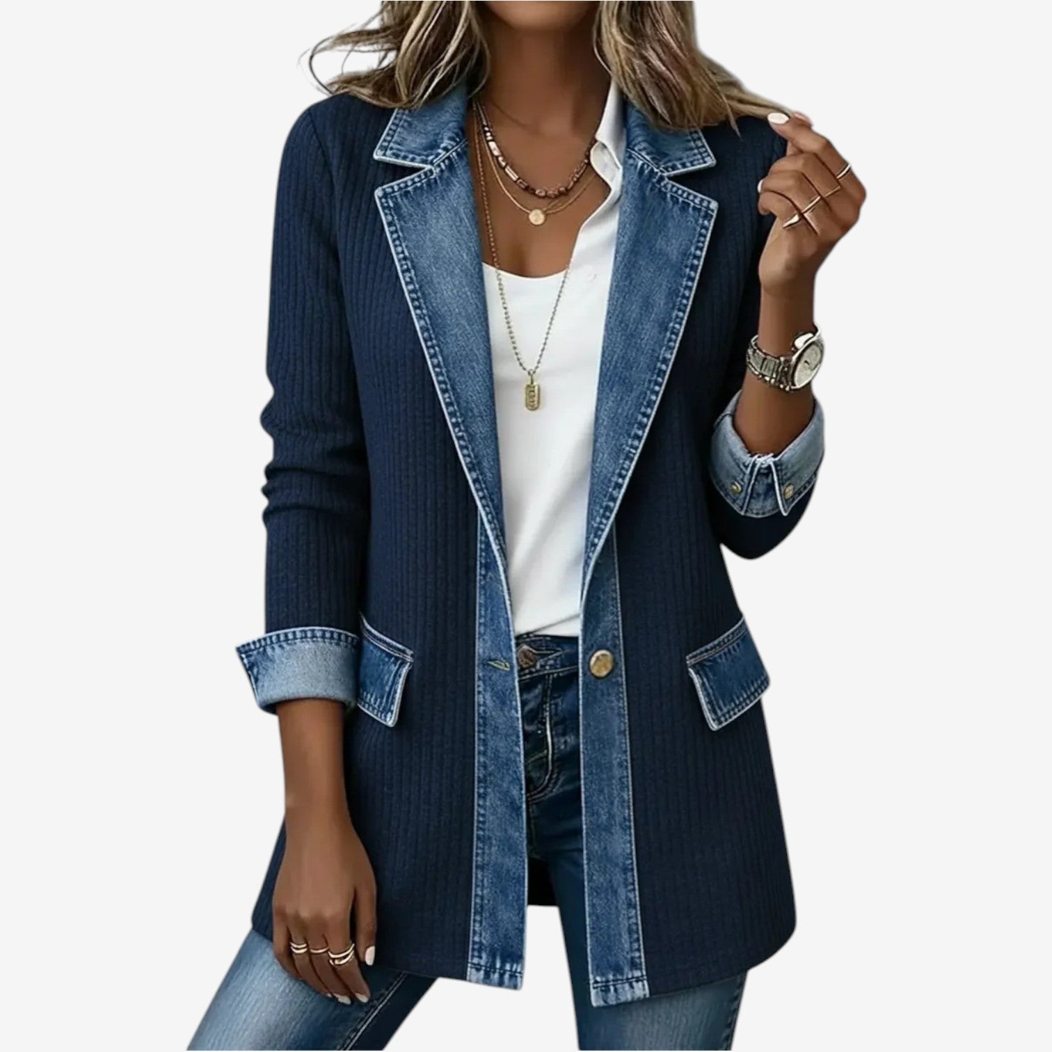 Women’s Knit Denim Hybrid Jacket with Button Front