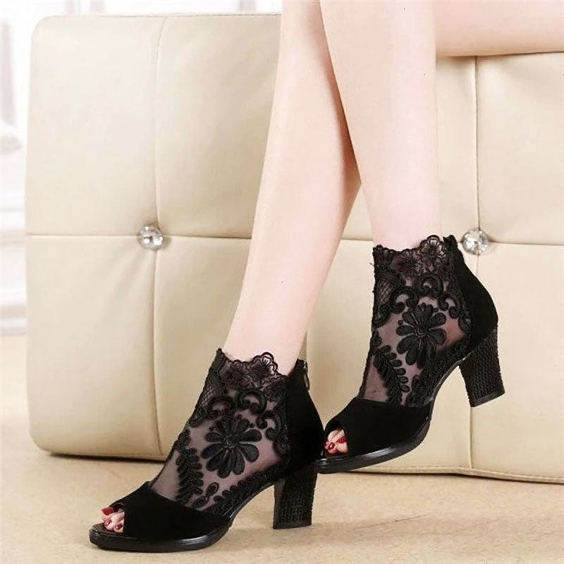 Women’s Peep Toe Heels with Floral Mesh | Ankle Strap