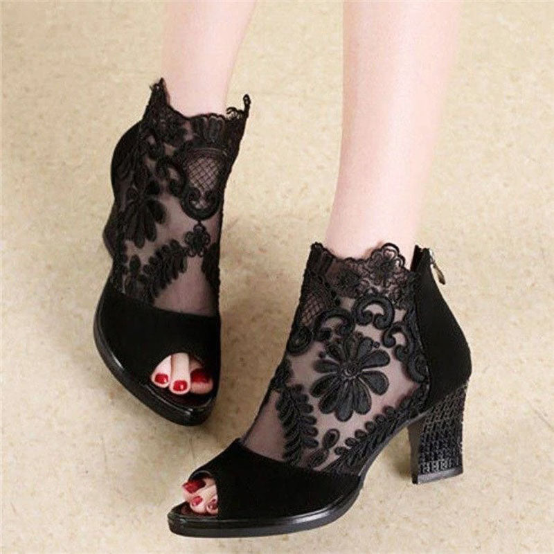 Women’s Peep Toe Heels with Floral Mesh | Ankle Strap