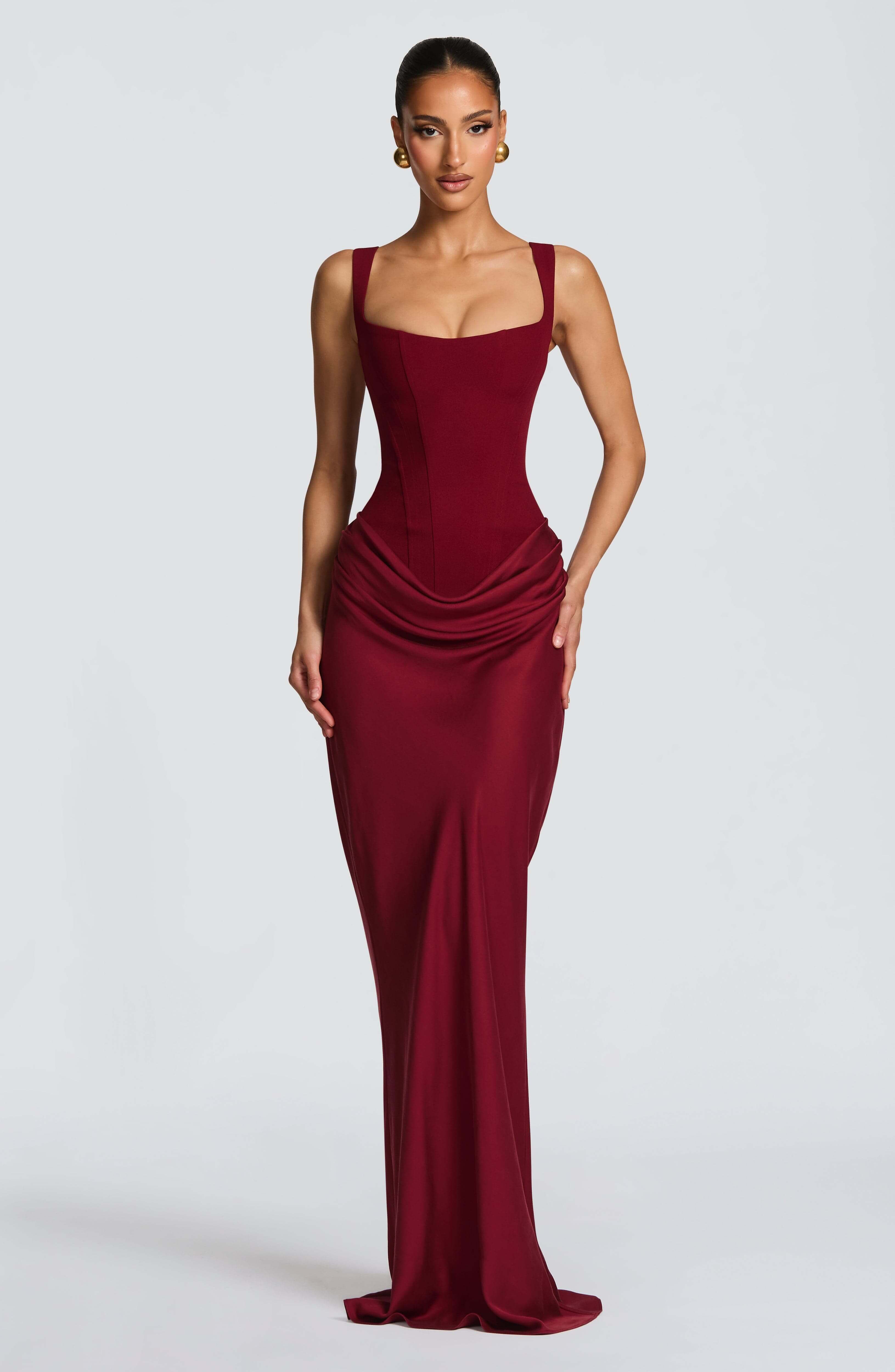 Women's Corset Maxi Wedding Guest Dress with Square Neck and Draped Skirt
