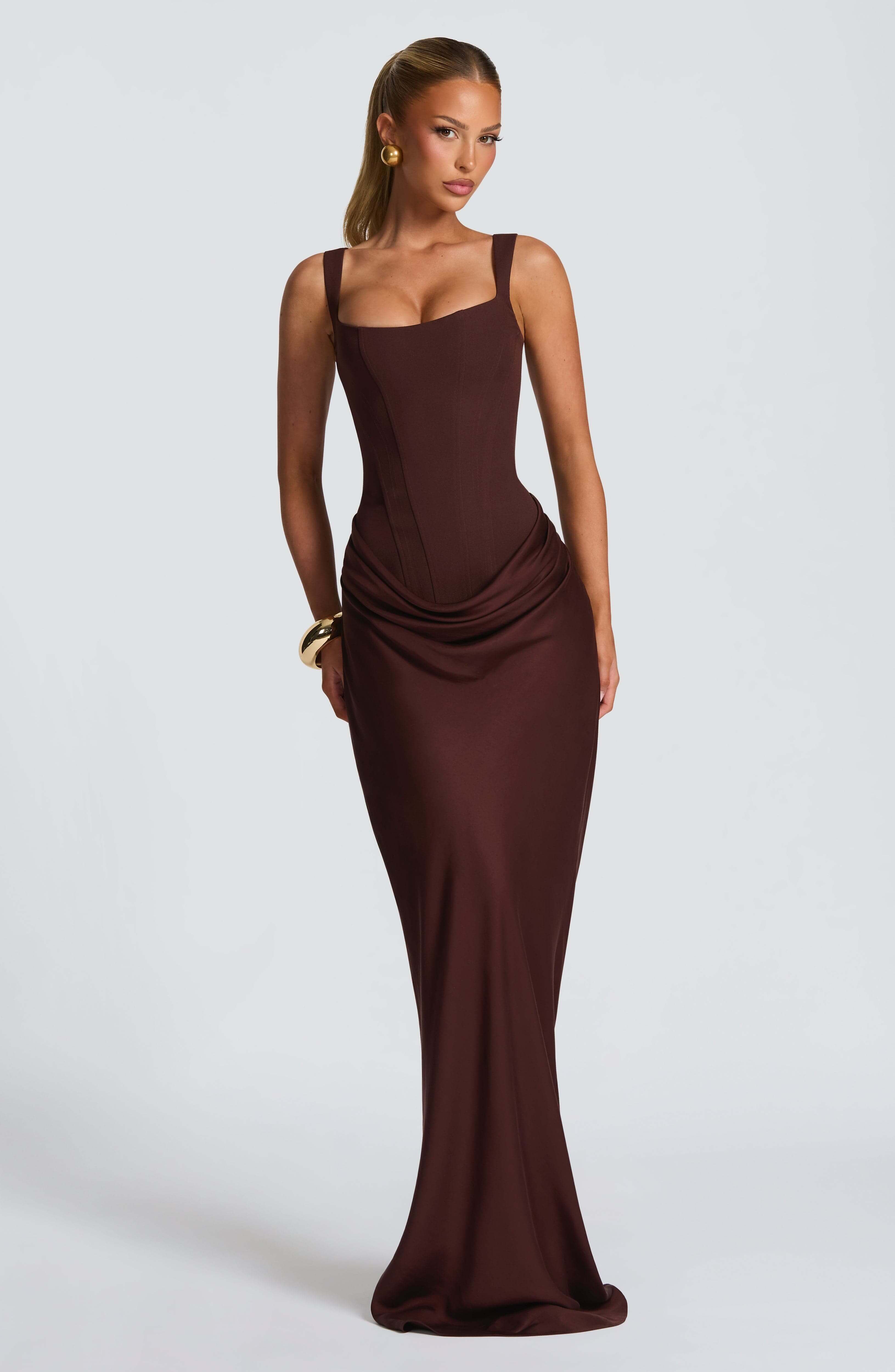 Women's Corset Maxi Wedding Guest Dress with Square Neck and Draped Skirt