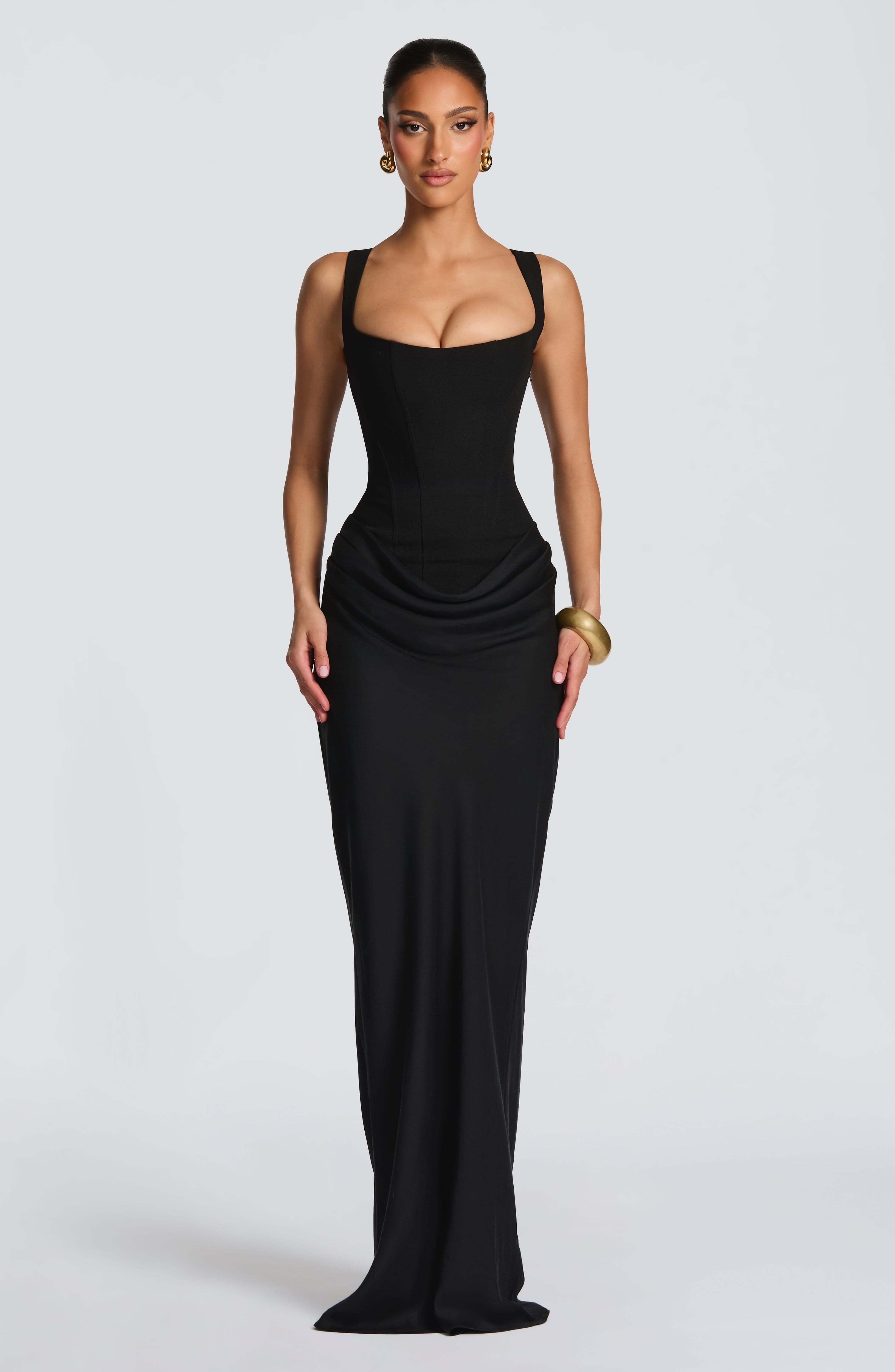 Women's Corset Maxi Wedding Guest Dress with Square Neck and Draped Skirt