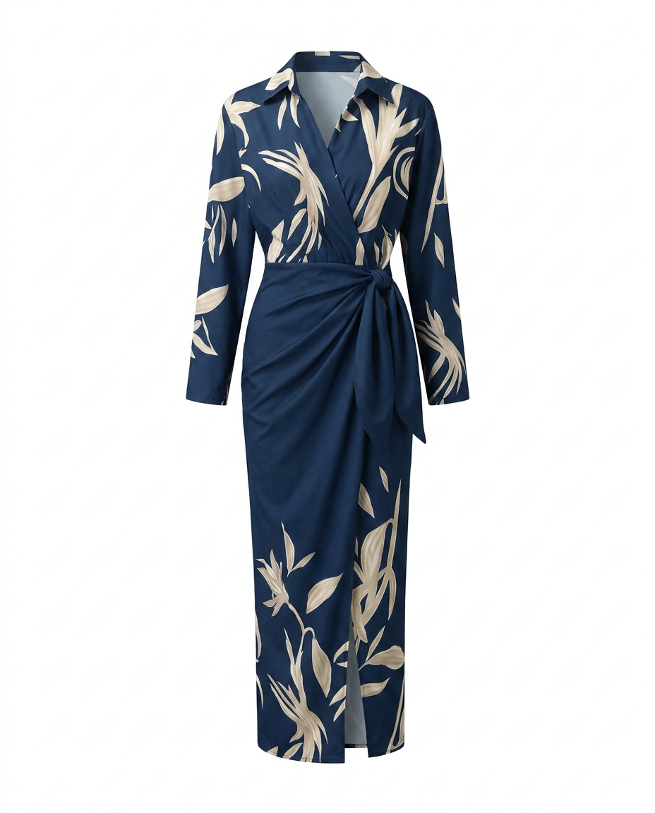 Women’s Floral Wrap Maxi Dress with Tie Waist and V-Neck