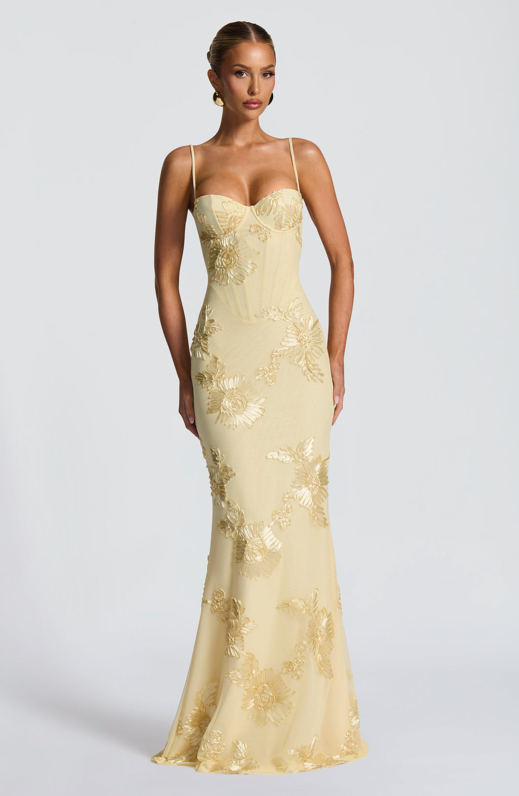 Women's Floral Corset Maxi Wedding Guest Dress with Spaghetti Straps & Lace-Up Back