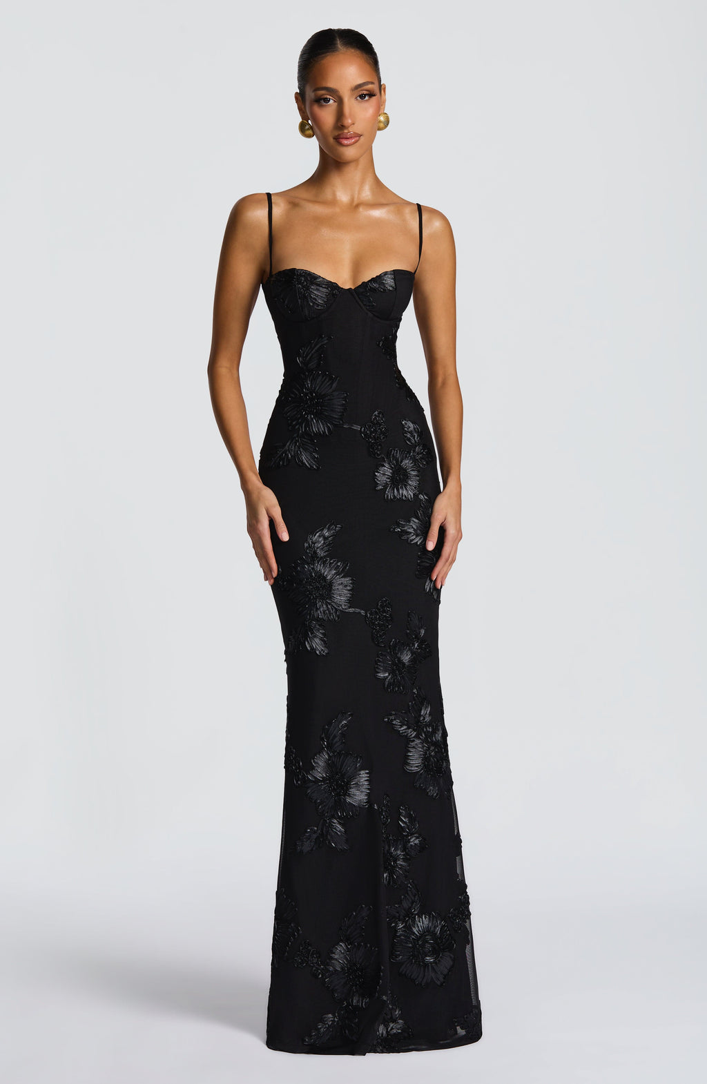 Women's Floral Corset Maxi Wedding Guest Dress with Spaghetti Straps & Lace-Up Back