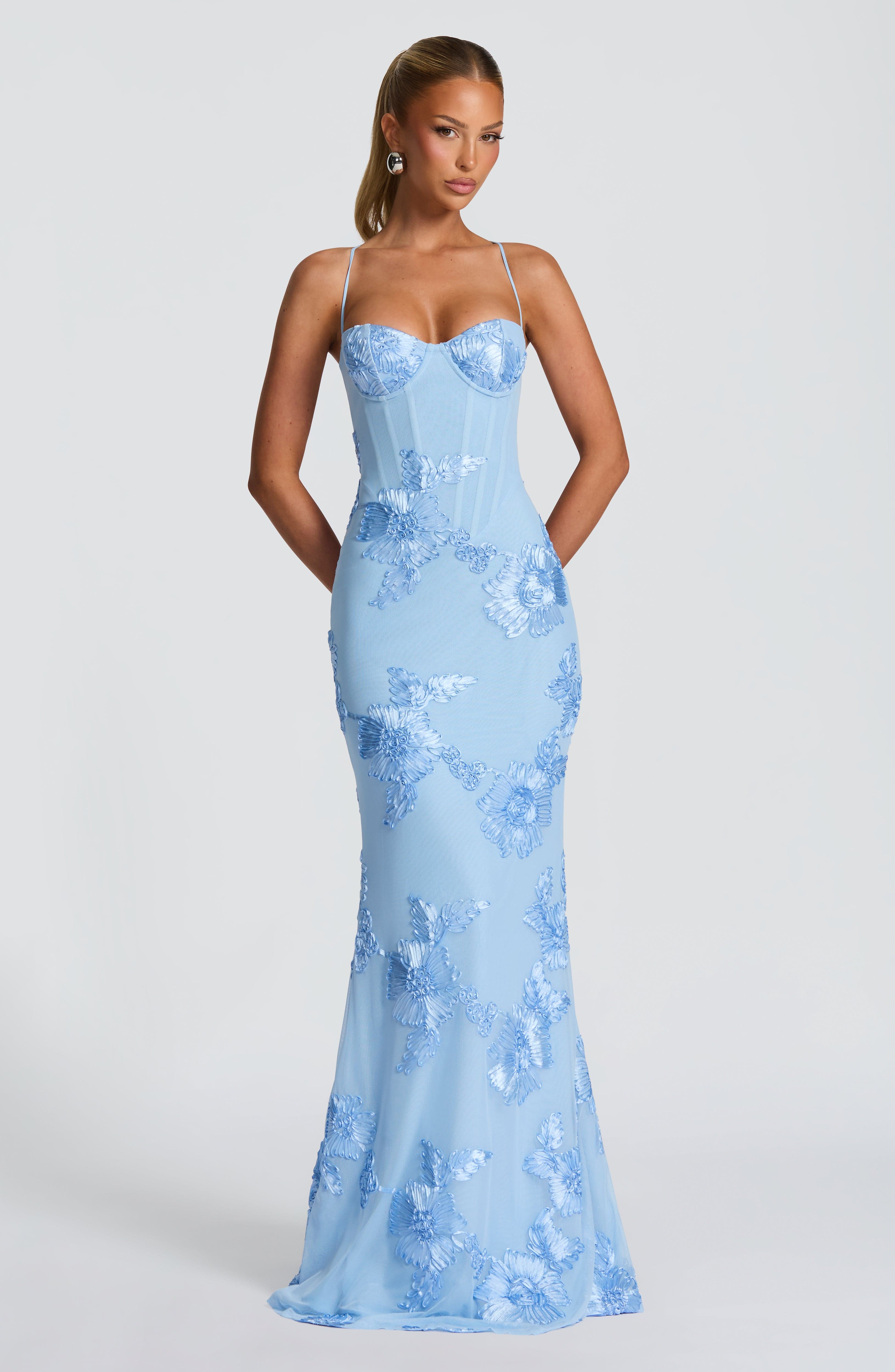 Women's Floral Corset Maxi Wedding Guest Dress with Spaghetti Straps & Lace-Up Back