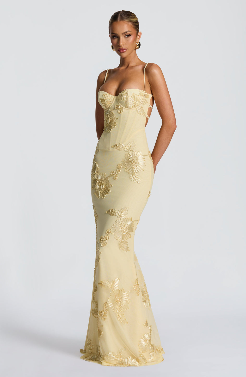 Women's Floral Corset Maxi Wedding Guest Dress with Spaghetti Straps & Lace-Up Back