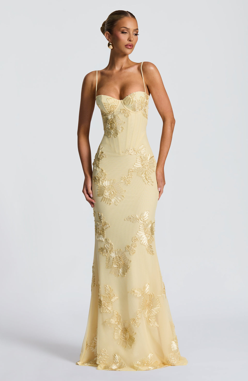 Women's Floral Corset Maxi Wedding Guest Dress with Spaghetti Straps & Lace-Up Back