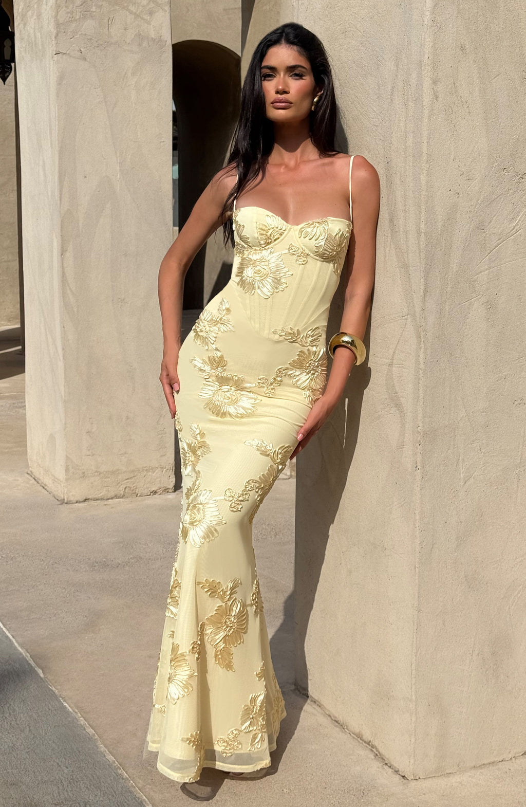 Women's Floral Corset Maxi Wedding Guest Dress with Spaghetti Straps & Lace-Up Back