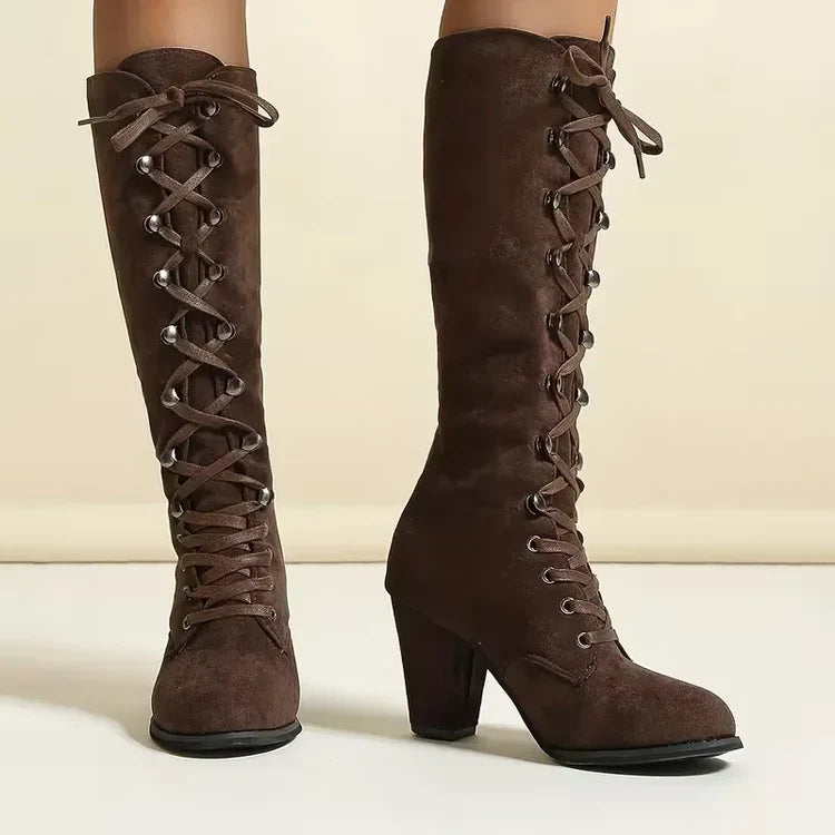 Women’s Lace Up Knee High Boots with Block Heel