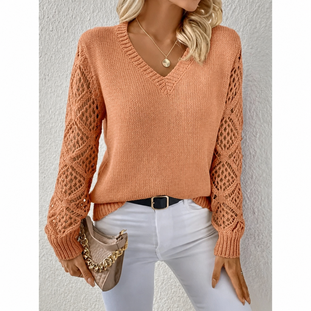 Women’s V Neck Knit Jumper with Openwork Sleeves