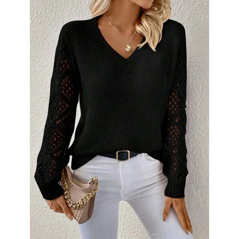 Women’s V Neck Knit Jumper with Openwork Sleeves