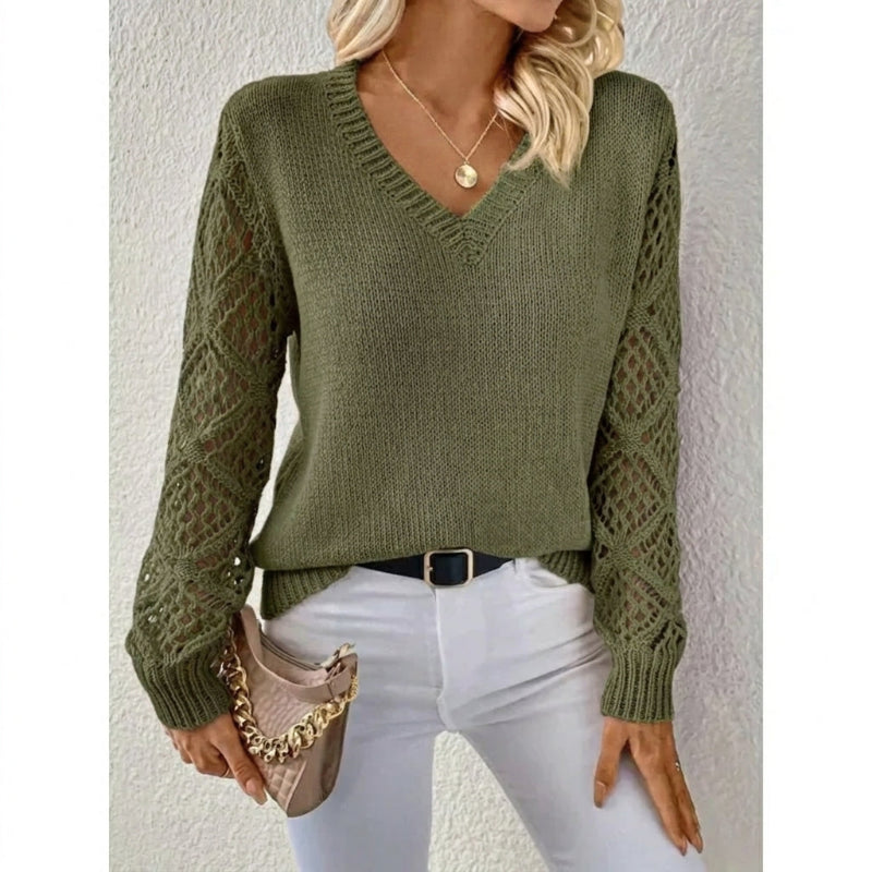 Women’s V Neck Knit Jumper with Openwork Sleeves