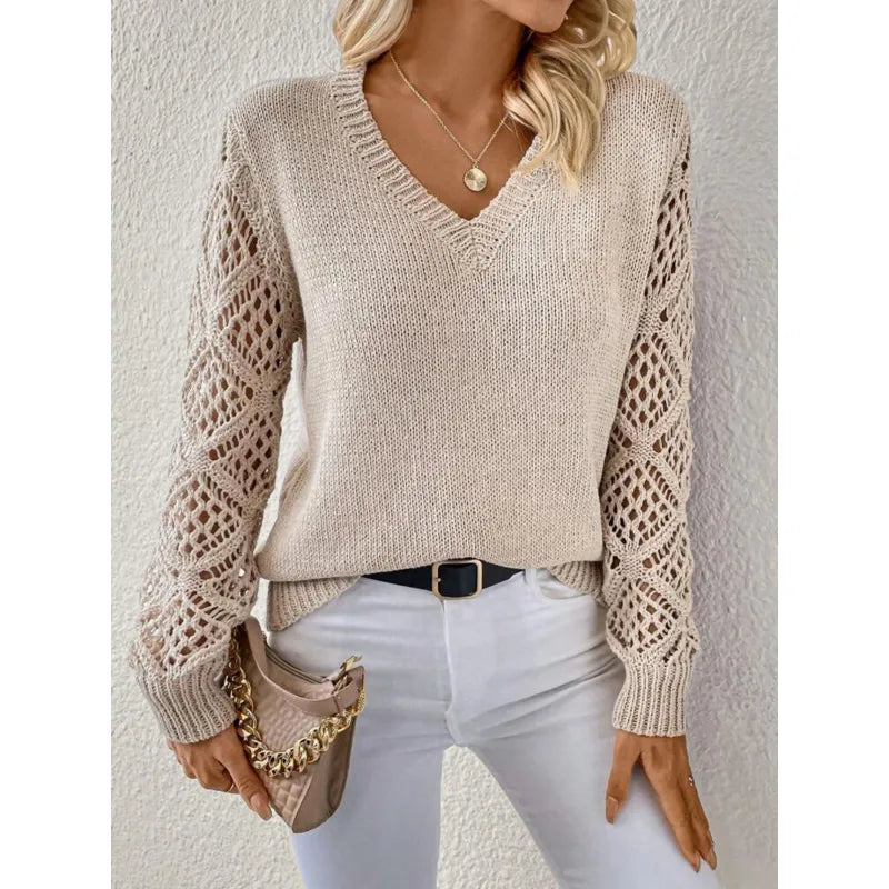 Women’s V Neck Knit Jumper with Openwork Sleeves