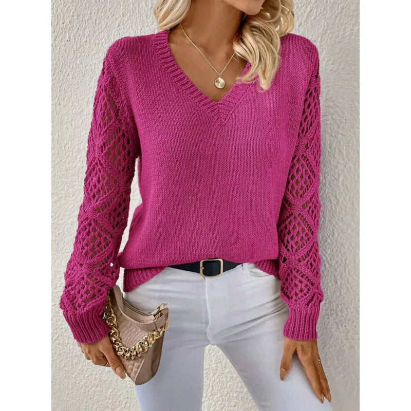 Women’s V Neck Knit Jumper with Openwork Sleeves