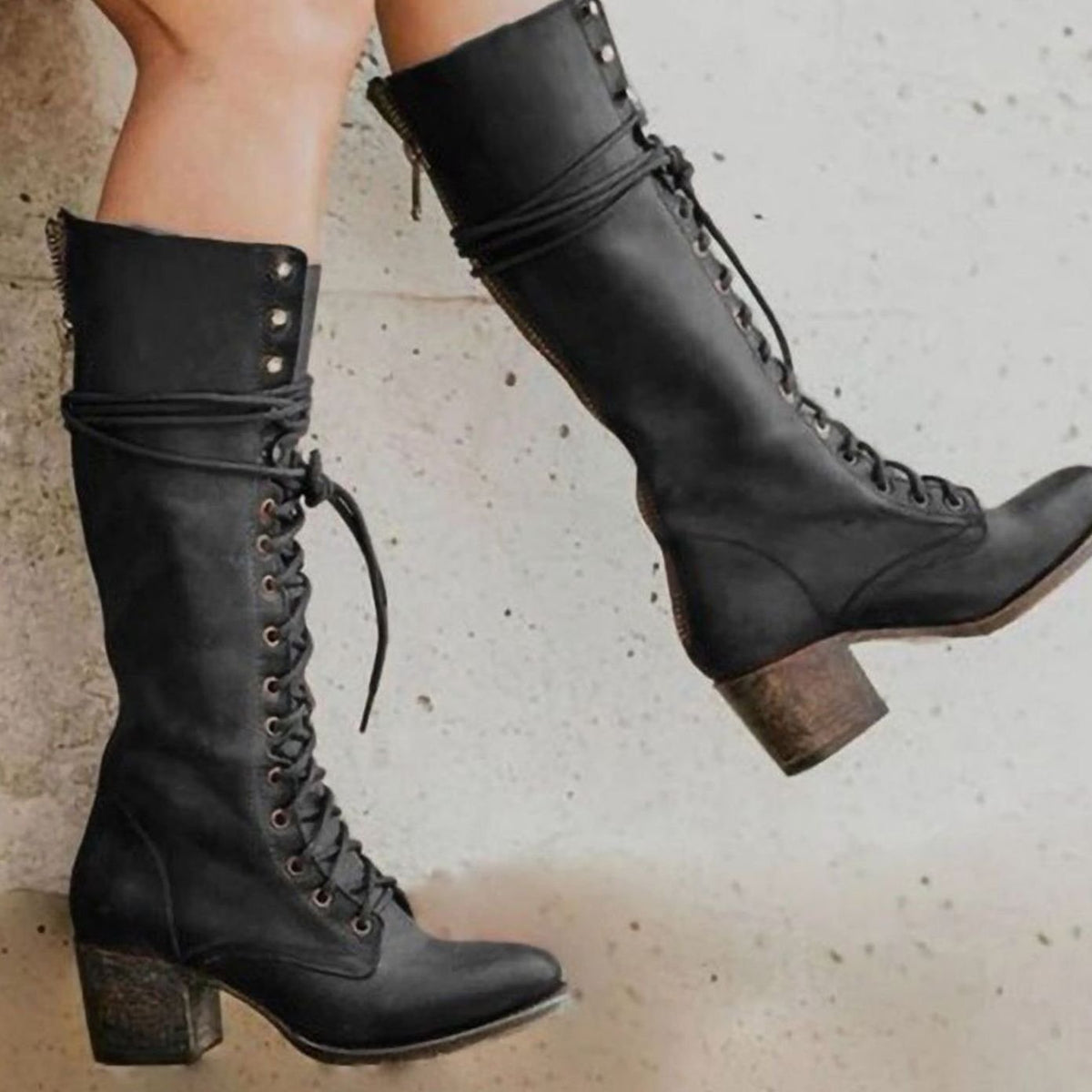 Women’s Leather Look Knee High Boots with Lace Up Front & Block Heel