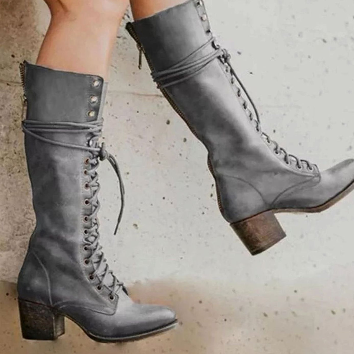 Women’s Leather Look Knee High Boots with Lace Up Front & Block Heel