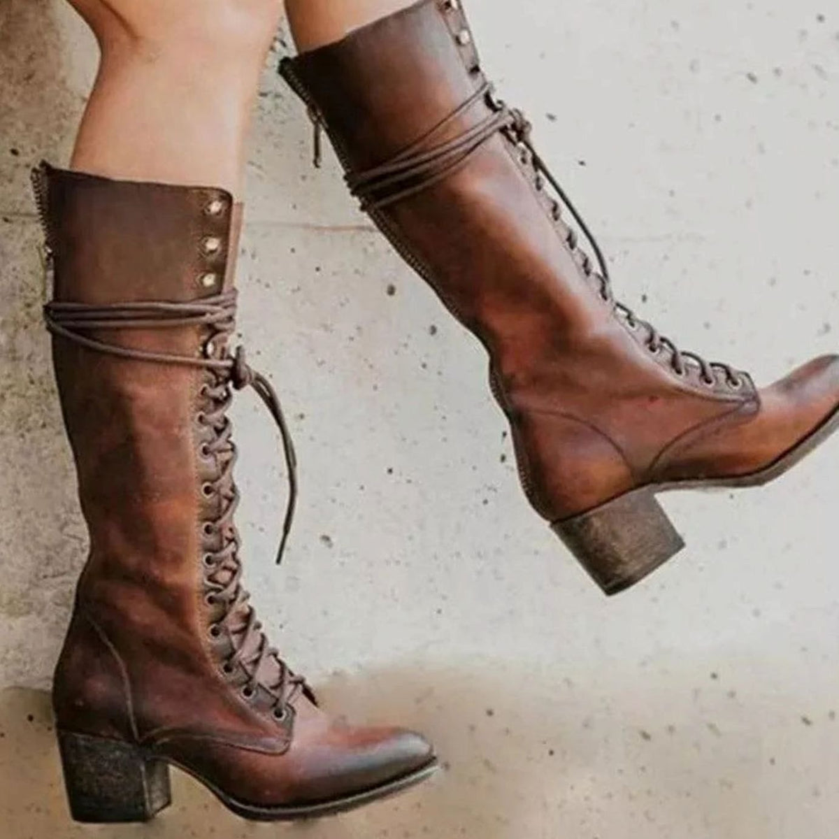 Women’s Leather Look Knee High Boots with Lace Up Front & Block Heel