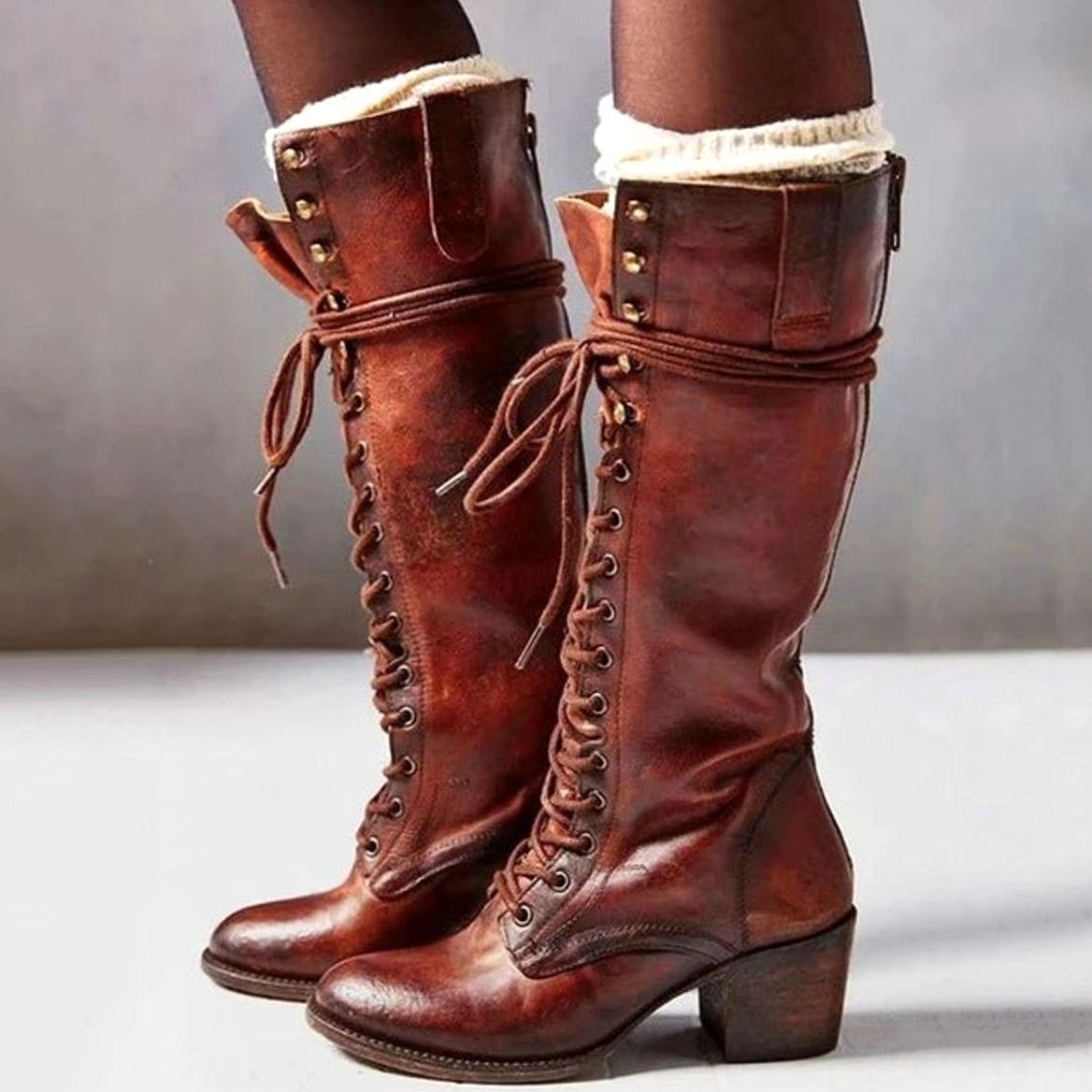 Women’s Leather Look Knee High Boots with Lace Up Front & Block Heel