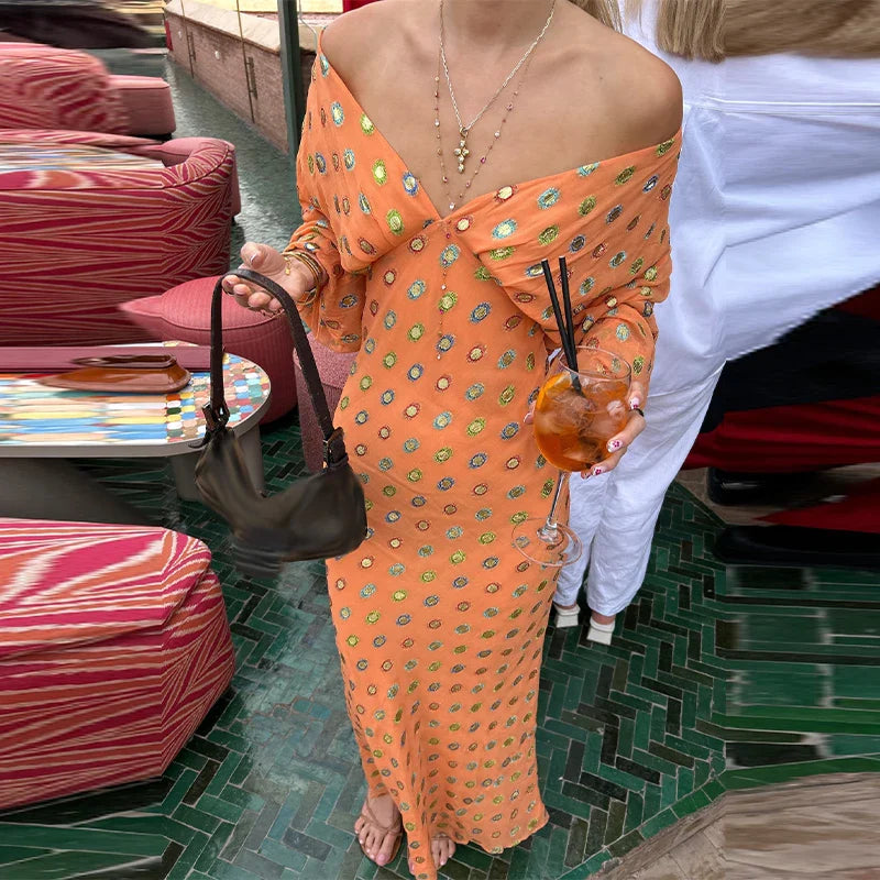 Women’s Off Shoulder Medallion Print Summer Maxi Dress
