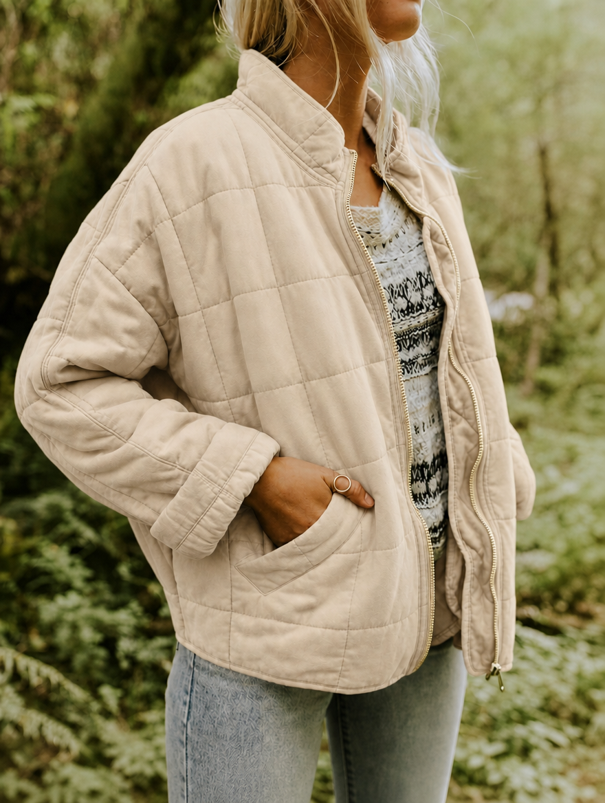 Women’s Quilted Jacket with Zip Front and Stand Collar