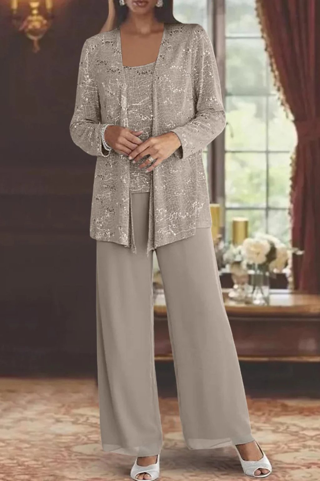 Women’s Sequin Three Piece Trousers Suit with Wide Leg Trousers