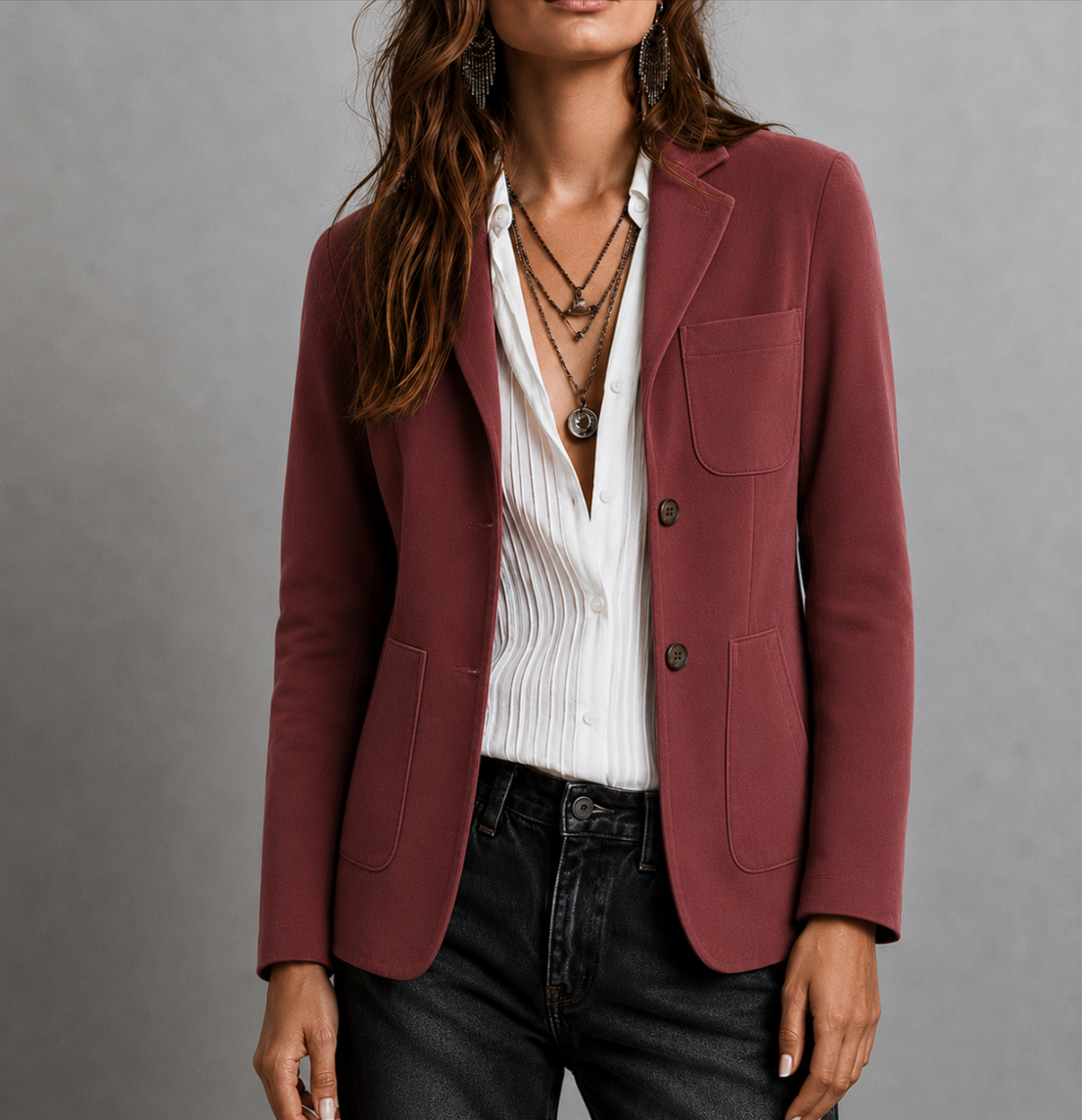 Women’s Suede Blazer with Notched Lapel and Patch Pockets