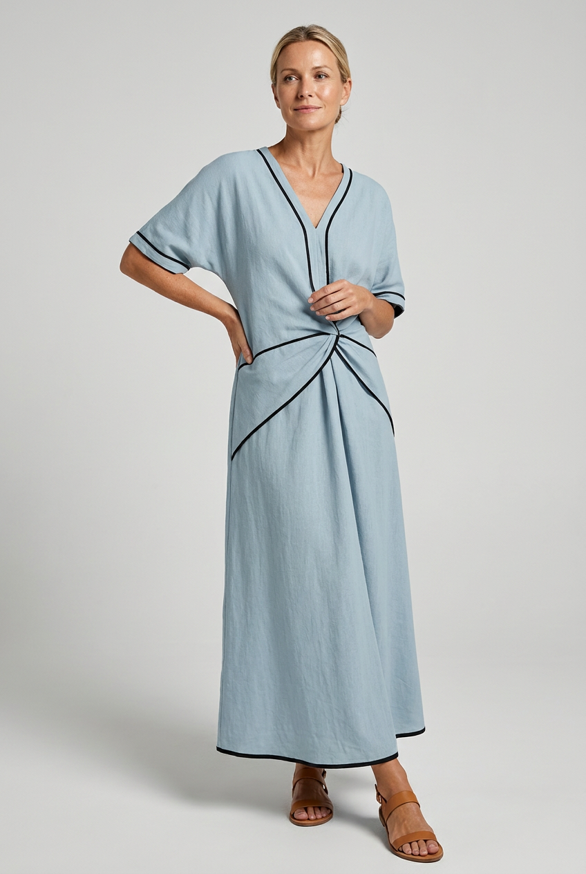Women’s Summer Maxi Dress with Twist Front and V-Neck Trim