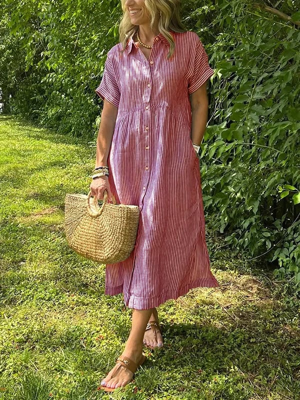 Women’s Striped Summer Midi Shirt Dress with Button-Down Front