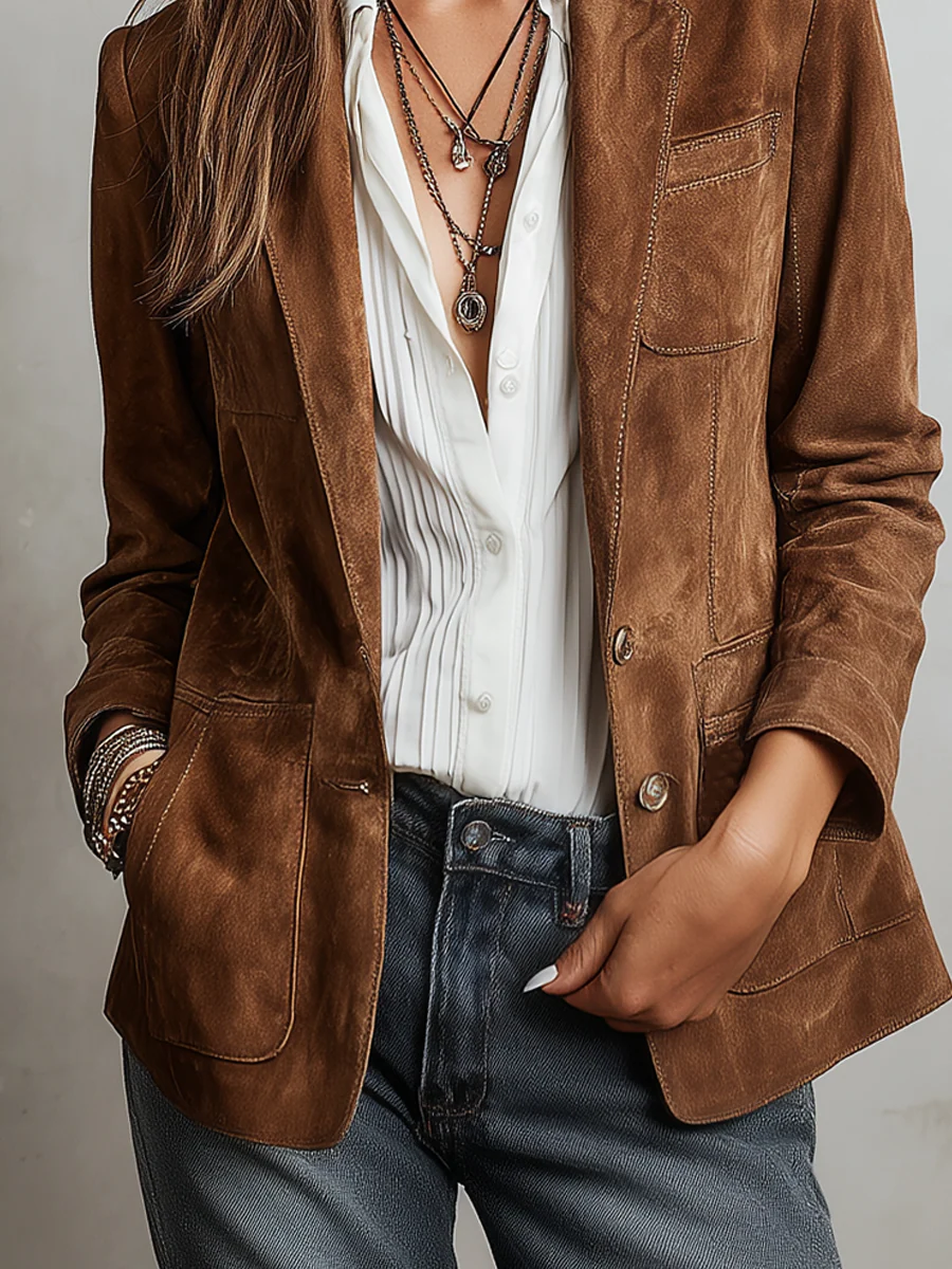Women’s Button-Down Suede Blazer with Relaxed Tailored Fit
