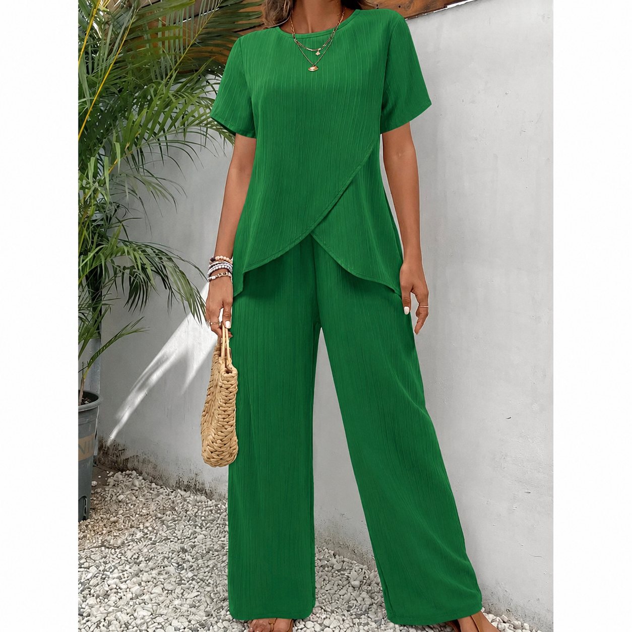 Women’s Elegant Drape Top and Wide Leg Trousers Set