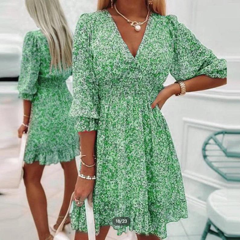 Women’s Floral Midi Dress with V-Neck and Puff Sleeves
