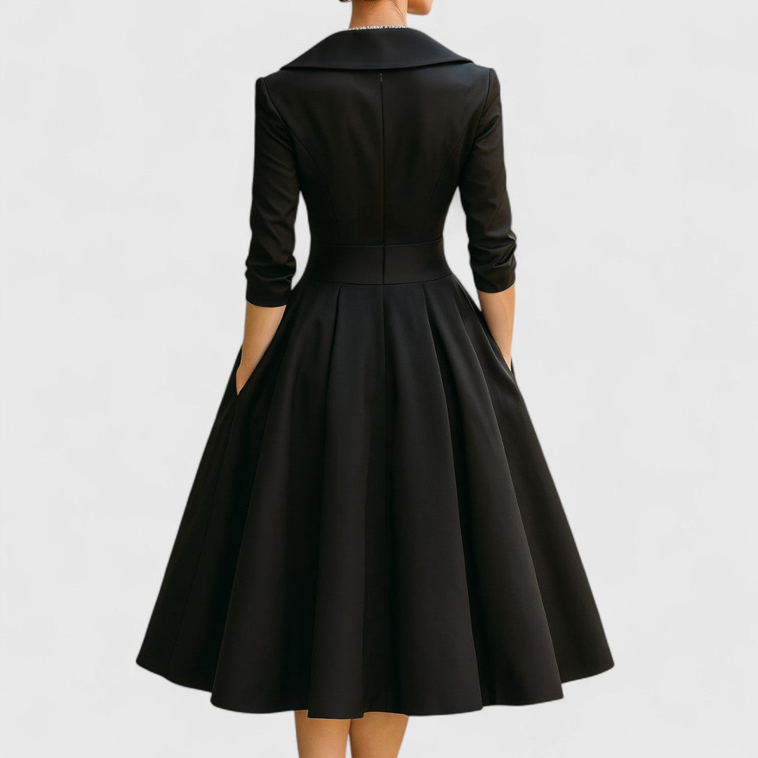 Women’s Elegant Midi Dress with V-Neck and Flared Skirt