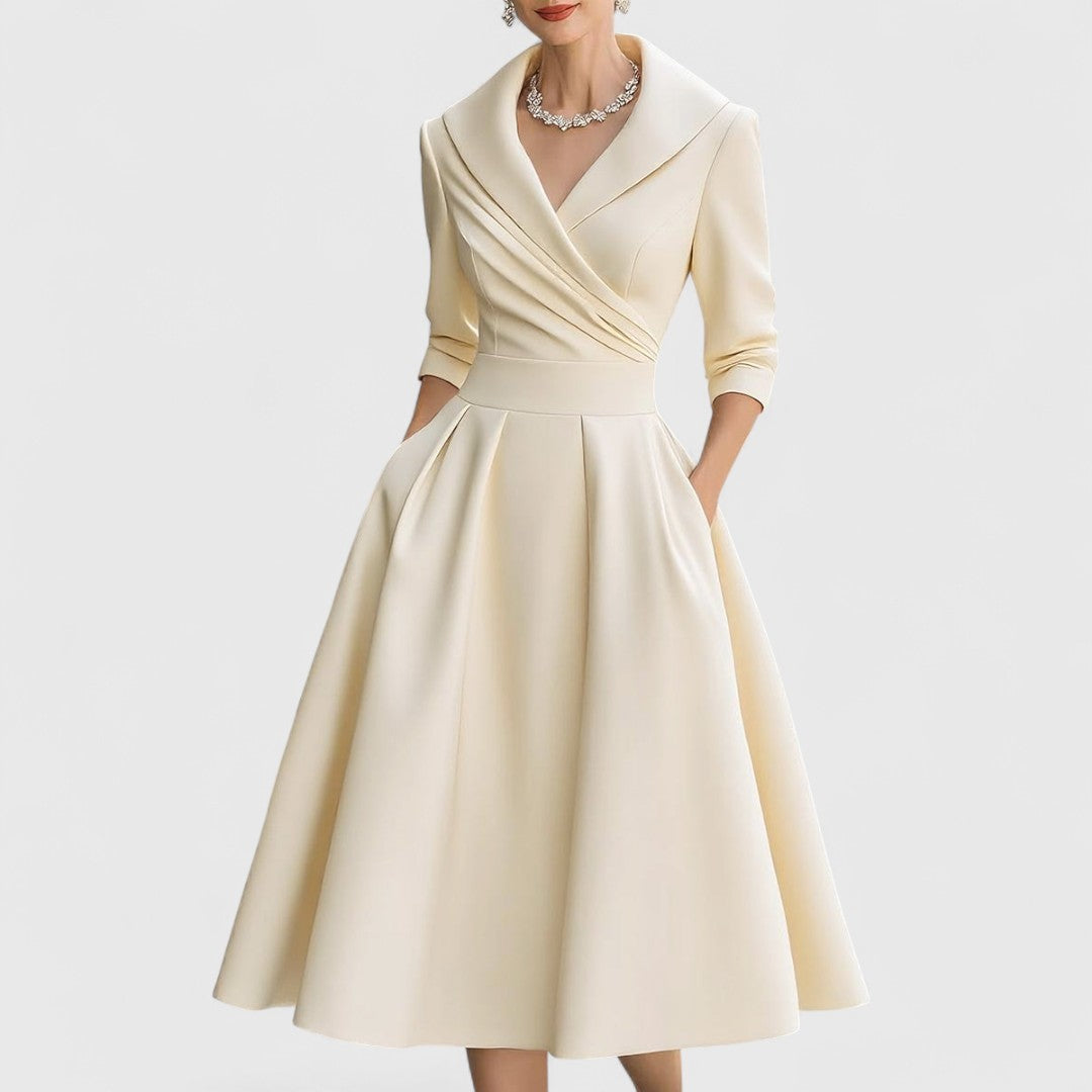 Women’s Elegant Midi Dress with V-Neck and Flared Skirt