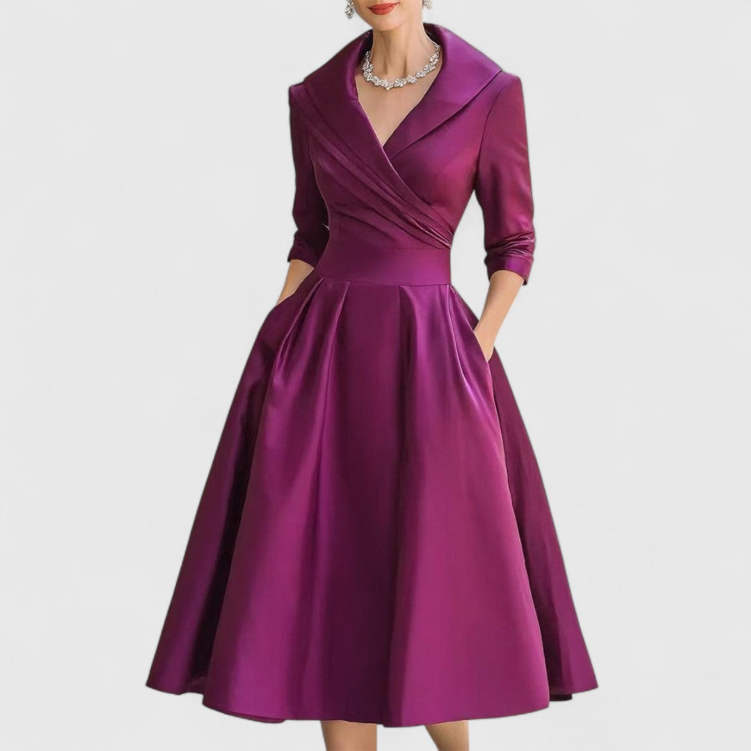 Women’s Elegant Midi Dress with V-Neck and Flared Skirt