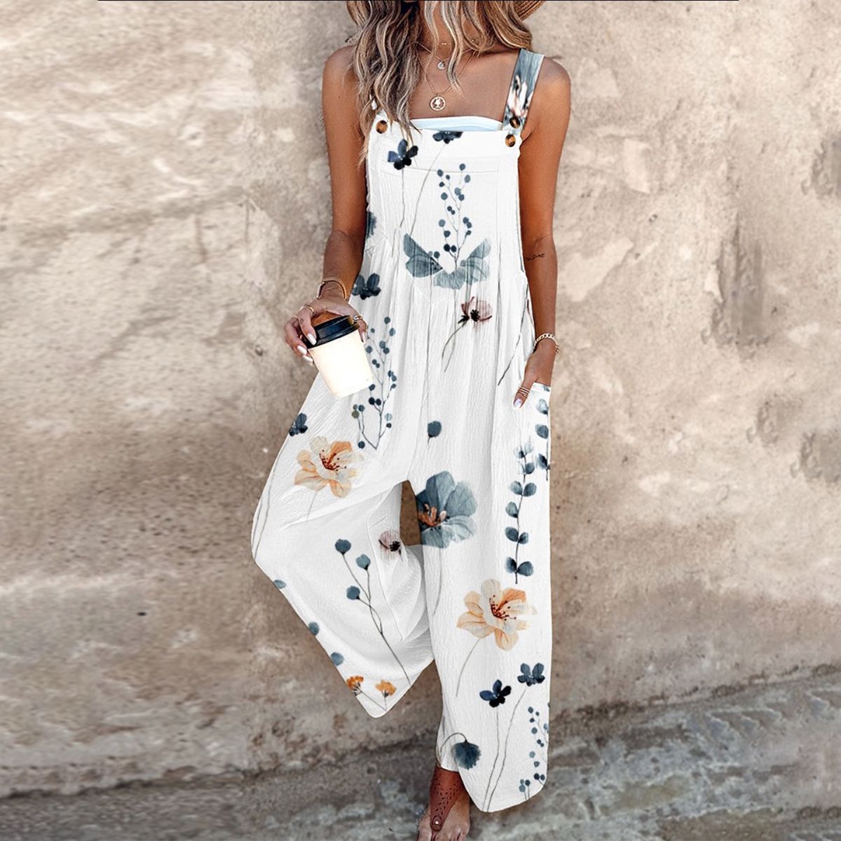 Women’s Printed Wide Leg Dungarees with Adjustable Straps